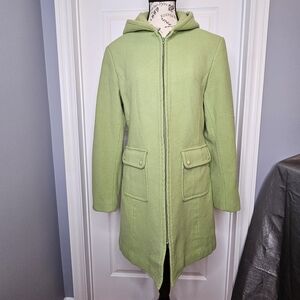 Tattoo Women's Lime Green Wool Blend Pea Coat Mid-Length Size M Hooded